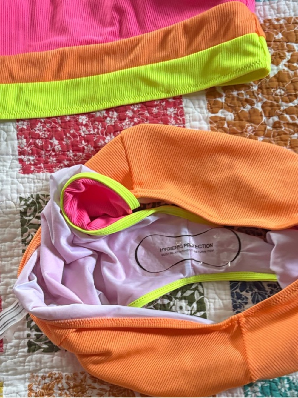 NWOT POPVIL Neon Pink & Orange High-Waist Two-Piece Bikini with Lime Trim - Picture 3 of 5
